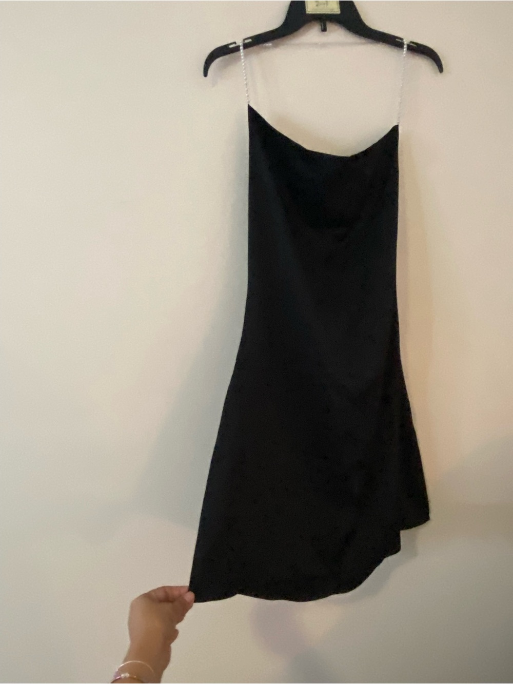 Black Satin cocktail mini Dress with Chain Pearl Straps - Picture 4 of 14